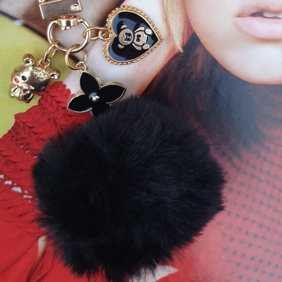 Women Black Charms Fur Pom Pom Key Chain Key Ring Handbag Purse Charm Accessory - Picture 5 of 5